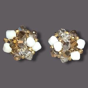 Vintage VOGUE Signed Bead Cluster Clip-on‎ Earrings White & Gold Tone